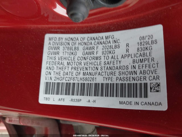 Продажа на аукционе авто 2020 Honda Civic Lx, vin: 2HGFC2F67LH580261, номер лота: 44978939