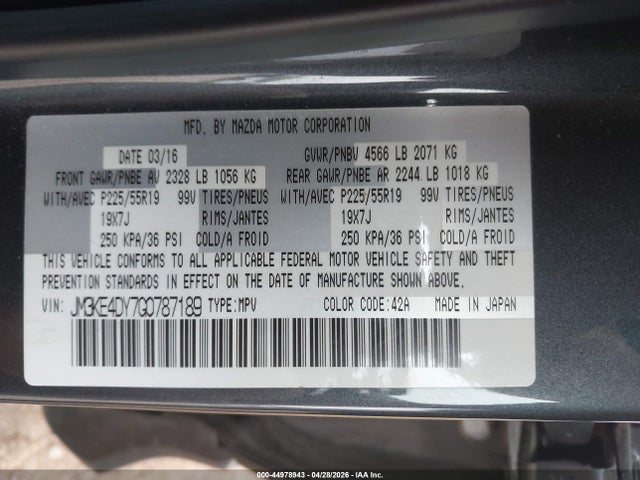 44978943 :رقم المزاد ، JM3KE4DY7G0787189 vin ، 2016 Mazda Cx-5 Grand Touring مزاد بيع