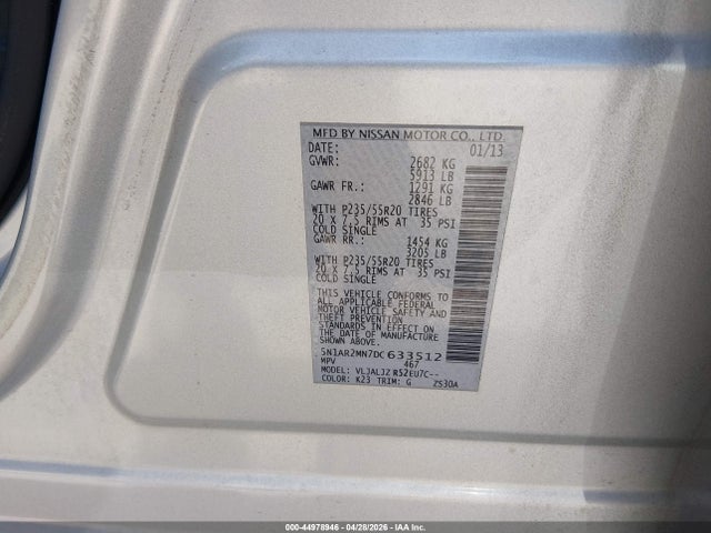 Продаж на аукціоні авто 2013 Nissan Pathfinder Platinum, vin: 5N1AR2MN7DC633512, номер лоту: 44978946
