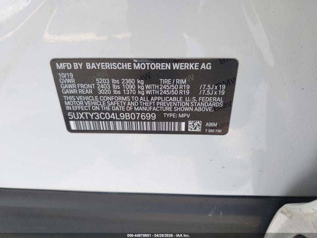 Auction sale of the 2020 Bmw X3 Sdrive30i, vin: 5UXTY3C04L9B07699, lot number: 44978951