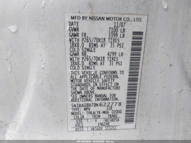 44978954 :رقم المزاد ، 5N1BA08D78N622778 vin ، 2008 Nissan Armada Se مزاد بيع