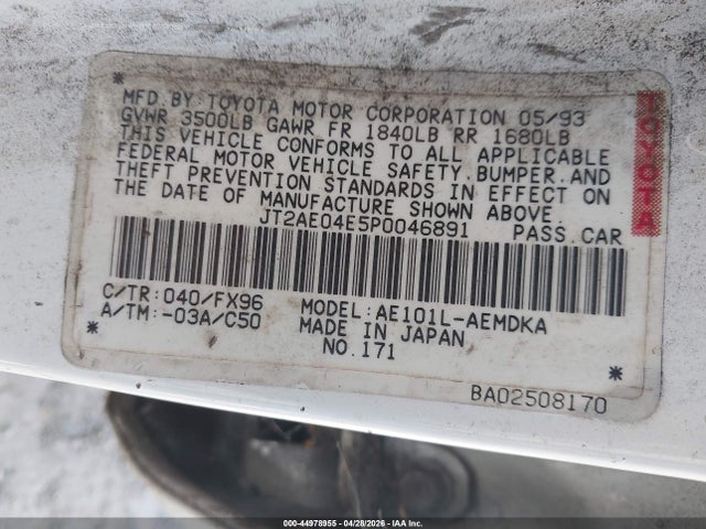 1993 Toyota Corolla მანქანა იყიდება აუქციონზე, vin: JT2AE04E5P0046891, აუქციონის ნომერი: 44978955