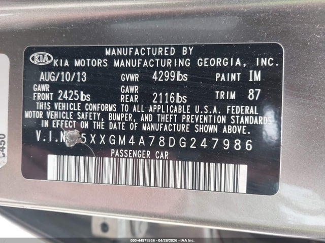 2013 Kia Optima Lx მანქანა იყიდება აუქციონზე, vin: 5XXGM4A78DG247986, აუქციონის ნომერი: 44978956