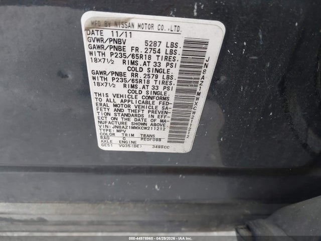 Aukcja sprzedaży 2012 Nissan Murano Sl, vin: JN8AZ1MWXCW211212, numer aukcji: 44978960