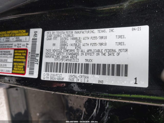 44978965 :رقم المزاد ، 5TFUY5F14MX013113 vin ، 2021 Toyota Tundra Sr5 مزاد بيع