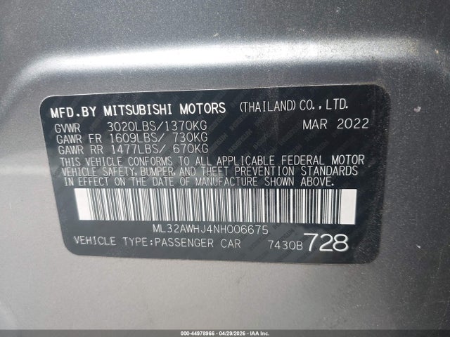 Aukcja sprzedaży 2022 Mitsubishi Mirage Black Edition/se, vin: ML32AWHJ4NH006675, numer aukcji: 44978966