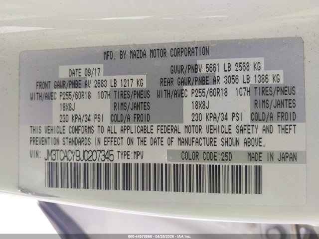 Aukcja sprzedaży 2018 Mazda Cx-9 Touring, vin: JM3TCACY9J0207345, numer aukcji: 44978968