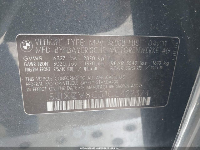 2012 Bmw X5 Xdrive50i მანქანა იყიდება აუქციონზე, vin: 5UXZV8C51CL422374, აუქციონის ნომერი: 44978969