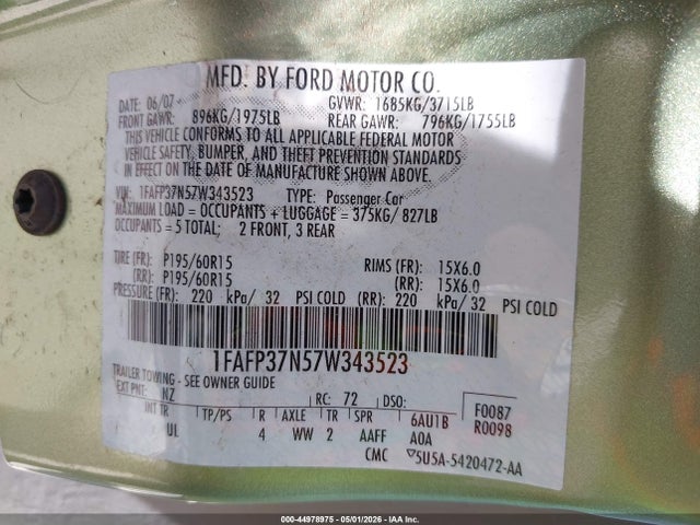 Aukcja sprzedaży 2007 Ford Focus S/se/ses, vin: 1FAFP37N57W343523, numer aukcji: 44978975