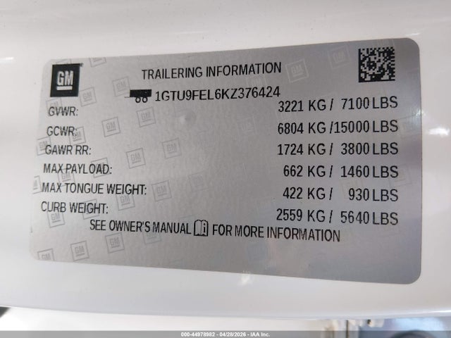 2019 Gmc Sierra 1500 Denali მანქანა იყიდება აუქციონზე, vin: 1GTU9FEL6KZ376424, აუქციონის ნომერი: 44978982
