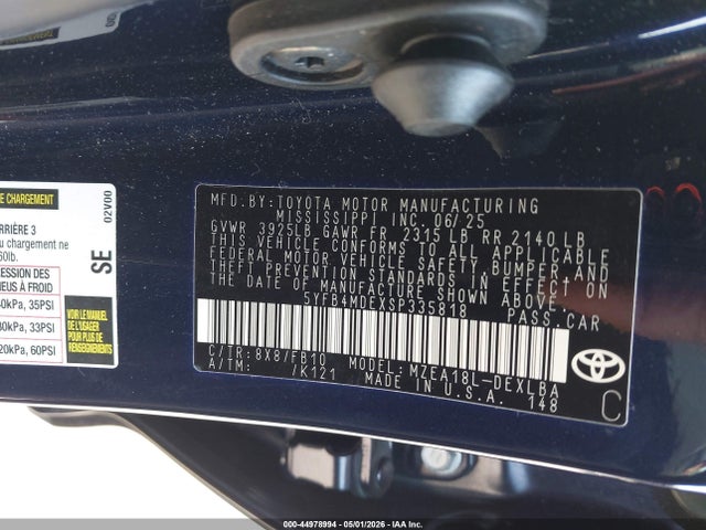 Продаж на аукціоні авто 2025 Toyota Corolla Le, vin: 5YFB4MDEXSP335818, номер лоту: 44978994