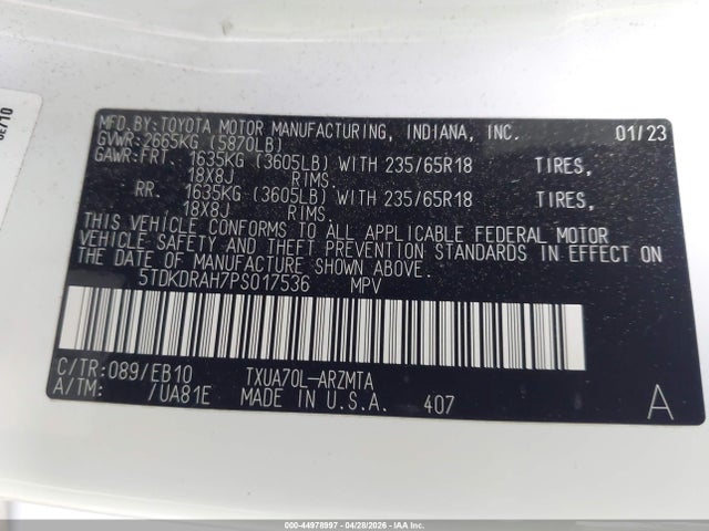 44978997 :رقم المزاد ، 5TDKDRAH7PS017536 vin ، 2023 Toyota Highlander Xle مزاد بيع