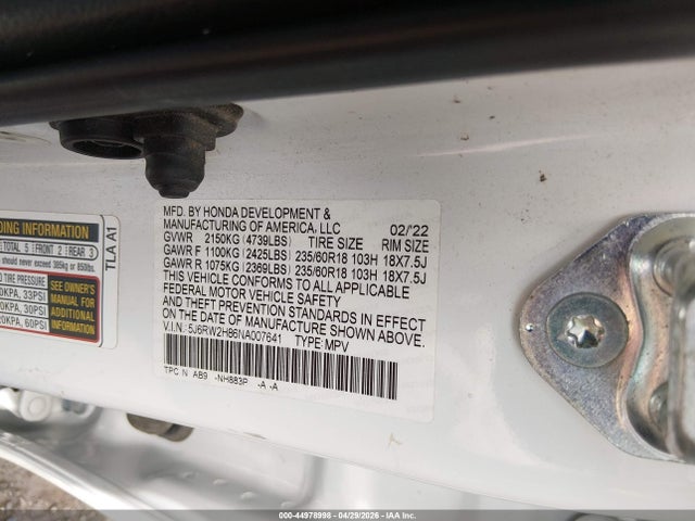 5J6RW2H86NA007641 Honda Cr-v Awd Ex-l