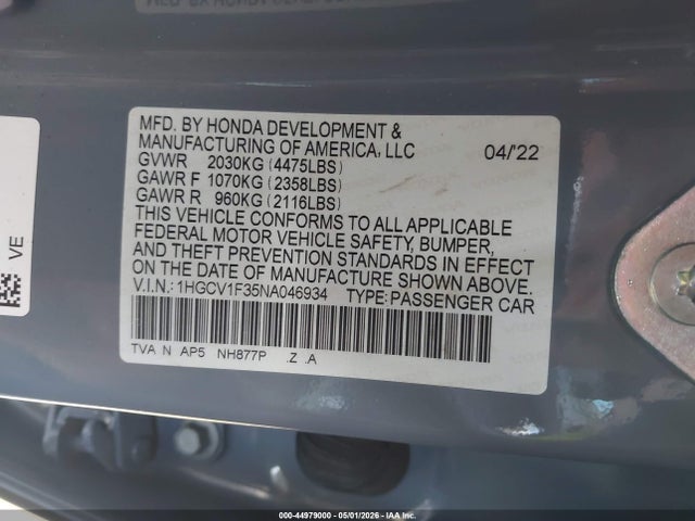Aukcja sprzedaży 2022 Honda Accord Sport, vin: 1HGCV1F35NA046934, numer aukcji: 44979000