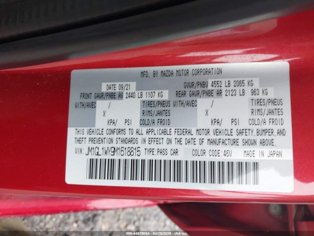 Продаж на аукціоні авто 2021 Mazda Mazda6 Grand Touring Reserve, vin: JM1GL1WY9M1618815, номер лоту: 44979004