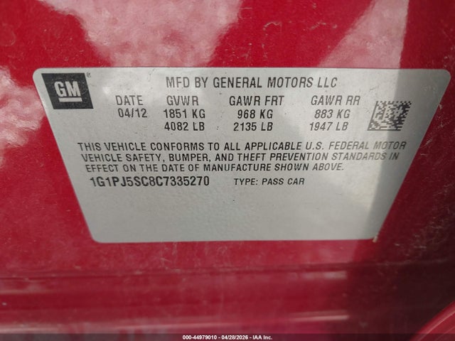 2012 Chevrolet Cruze Eco მანქანა იყიდება აუქციონზე, vin: 1G1PJ5SC8C7335270, აუქციონის ნომერი: 44979010