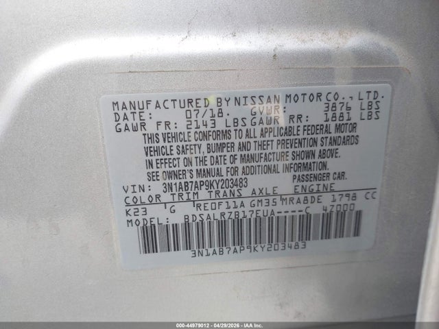 Aukcja sprzedaży 2019 Nissan Sentra Sr, vin: 3N1AB7AP9KY203483, numer aukcji: 44979012