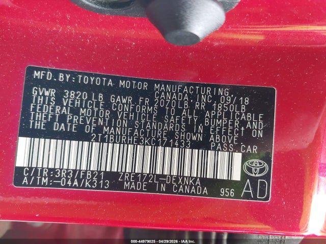 2019 Toyota Corolla Le მანქანა იყიდება აუქციონზე, vin: 2T1BURHE3KC171433, აუქციონის ნომერი: 44979025