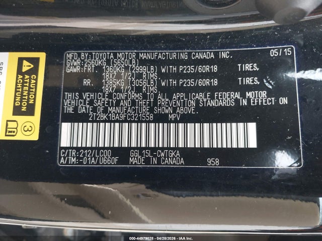44979028 :رقم المزاد ، 2T2BK1BA9FC321558 vin ، 2015 Lexus Rx 350 مزاد بيع