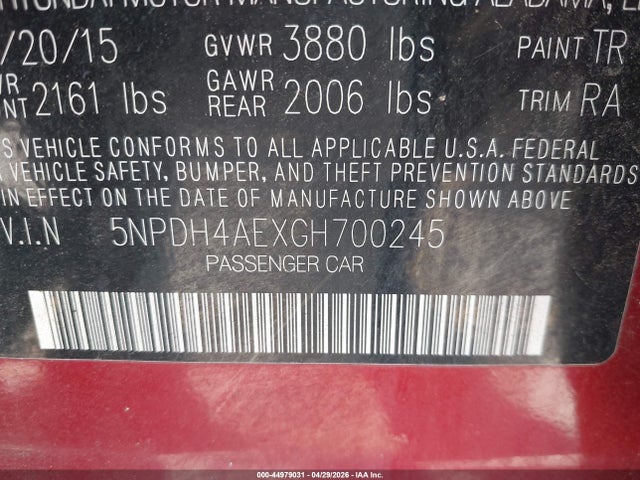 Aukcja sprzedaży 2016 Hyundai Elantra Se, vin: 5NPDH4AEXGH700245, numer aukcji: 44979031
