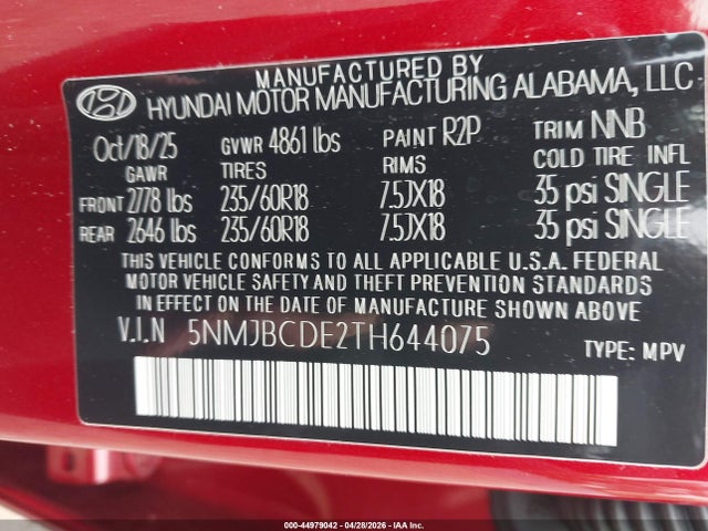 Продаж на аукціоні авто 2026 Hyundai Tucson Sel, vin: 5NMJBCDE2TH644075, номер лоту: 44979042