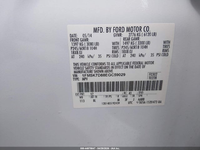 44979047 :رقم المزاد ، 1FM5K7D88EGC59029 vin ، 2014 Ford Explorer Xlt مزاد بيع