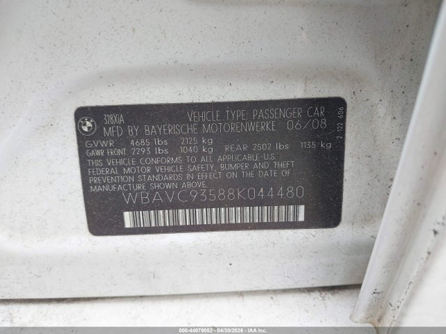 44979052 :رقم المزاد ، WBAVC93588K044480 vin ، 2008 Bmw 328xi مزاد بيع