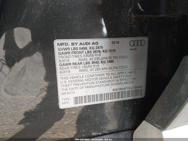 2018 Audi Q5 2.0t Premium/2.0t Tech Premium მანქანა იყიდება აუქციონზე, vin: WA1BNAFY9J2154896, აუქციონის ნომერი: 44979053