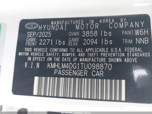 44979054 :رقم المزاد ، KMHLM4DG1TU098870 vin ، 2026 Hyundai Elantra Sel Sport مزاد بيع