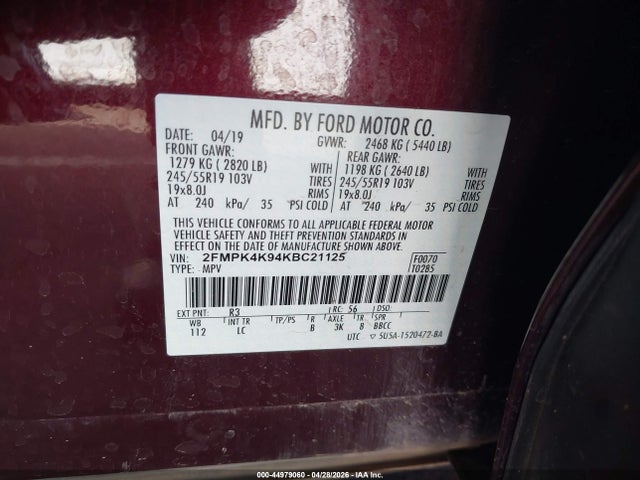Aukcja sprzedaży 2019 Ford Edge Titanium, vin: 2FMPK4K94KBC21125, numer aukcji: 44979060