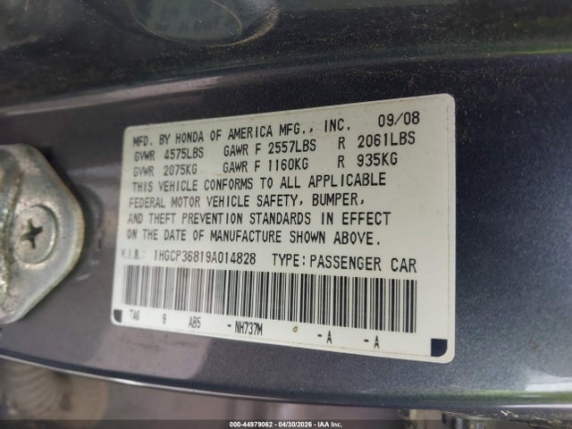 44979062 :رقم المزاد ، 1HGCP36819A014828 vin ، 2009 Honda Accord 3.5 Ex-l مزاد بيع