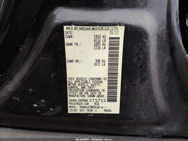 2013 Nissan Altima 2.5 S მანქანა იყიდება აუქციონზე, vin: 1N4AL3AP6DC275715, აუქციონის ნომერი: 44979071
