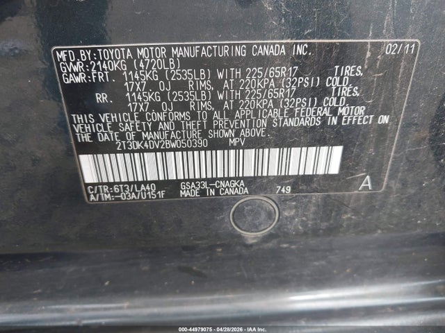Продаж на аукціоні авто 2011 Toyota Rav4 Limited V6, vin: 2T3DK4DV2BW050390, номер лоту: 44979075