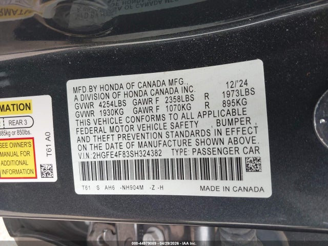 2HGFE4F83SH324382 Honda Civic Hybrid Sport/sport Touring