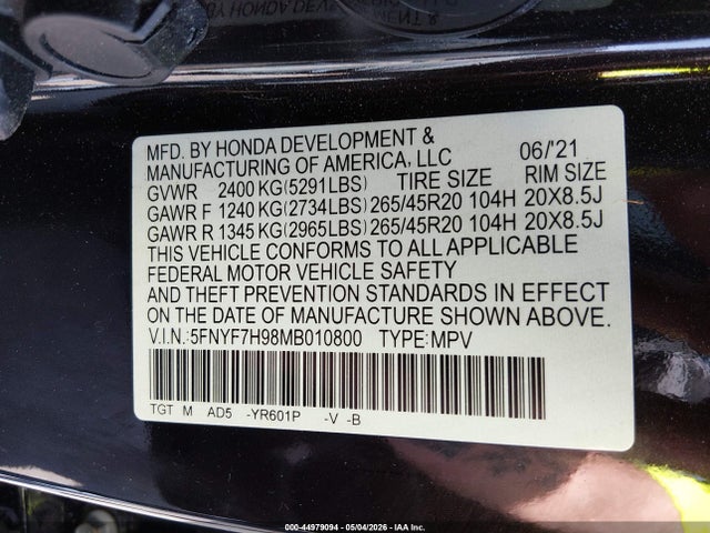 Aukcja sprzedaży 2021 Honda Passport 2wd Touring, vin: 5FNYF7H98MB010800, numer aukcji: 44979094