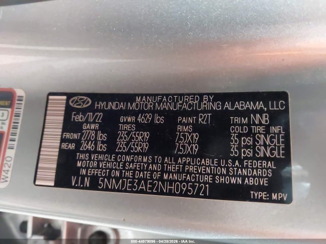 2022 Hyundai Tucson Limited მანქანა იყიდება აუქციონზე, vin: 5NMJE3AE2NH095721, აუქციონის ნომერი: 44979096
