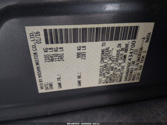Продаж на аукціоні авто 2016 Nissan Maxima 3.5 Sv, vin: 1N4AA6AP6GC434700, номер лоту: 44979107