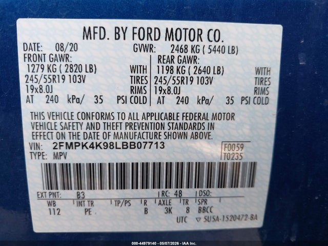 Продажа на аукционе авто 2020 Ford Edge Titanium, vin: 2FMPK4K98LBB07713, номер лота: 44979140