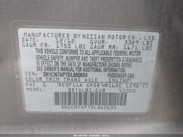 Aukcja sprzedaży 2013 Nissan Versa 1.6 Sv, vin: 3N1CN7AP7DL860654, numer aukcji: 44979159