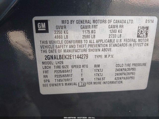 44979166 :رقم المزاد ، 2GNALBEK2E1144279 vin ، 2014 Chevrolet Equinox 1lt مزاد بيع