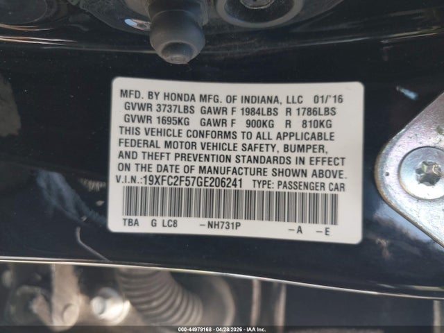 44979168 :رقم المزاد ، 19XFC2F57GE206241 vin ، 2016 Honda Civic Lx مزاد بيع