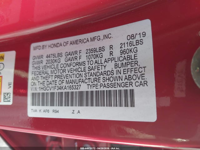 44979172 :رقم المزاد ، 1HGCV1F34KA165327 vin ، 2019 Honda Accord Sport مزاد بيع