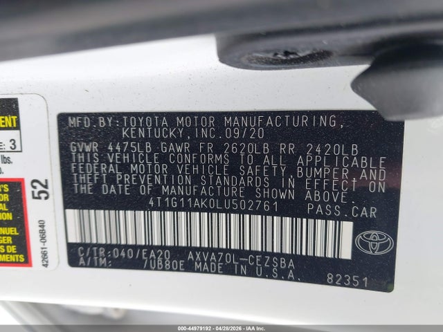 Aukcja sprzedaży 2020 Toyota Camry Se, vin: 4T1G11AK0LU502761, numer aukcji: 44979192