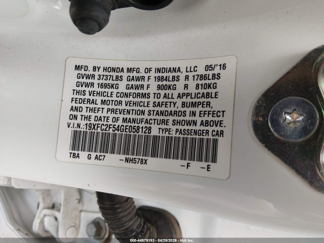 44979193 :رقم المزاد ، 19XFC2F54GE058128 vin ، 2016 Honda Civic Lx مزاد بيع