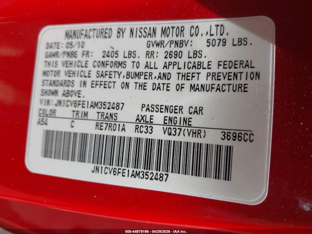 Aukcja sprzedaży 2010 Infiniti G37, vin: JN1CV6FE1AM352487, numer aukcji: 44979196