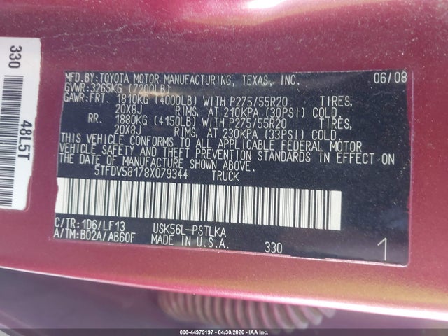 Продаж на аукціоні авто 2008 Toyota Tundra Limited 5.7l V8, vin: 5TFDV58178X079344, номер лоту: 44979197
