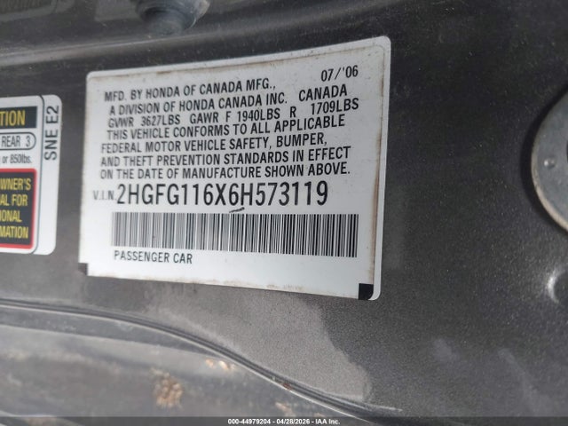 44979204 :رقم المزاد ، 2HGFG116X6H573119 vin ، 2006 Honda Civic Lx مزاد بيع