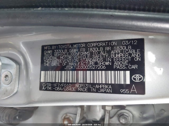 Aukcja sprzedaży 2012 Toyota Yaris Le, vin: JTDKTUD30CD527206, numer aukcji: 44979205