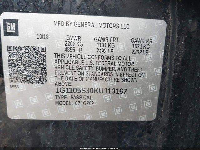 44979209 :رقم المزاد ، 1G1105S30KU113167 vin ، 2019 Chevrolet Impala Premier مزاد بيع