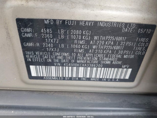 Aukcja sprzedaży 2010 Subaru Outback 2.5i Limited, vin: 4S4BRBKCXA3386200, numer aukcji: 44979213